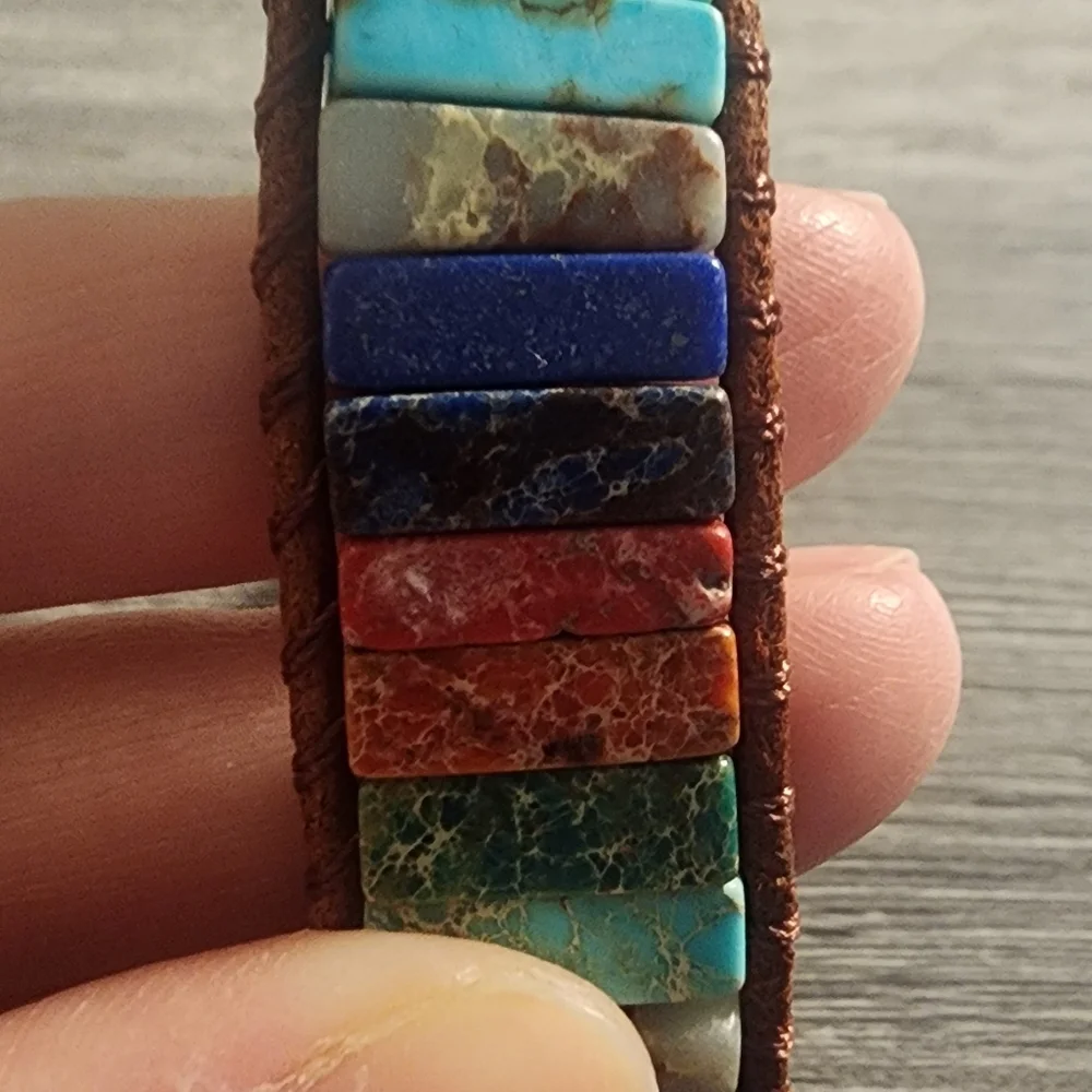 Multicolor Jade Stone Bracelet with Leather‎ Cord, 7 1/4